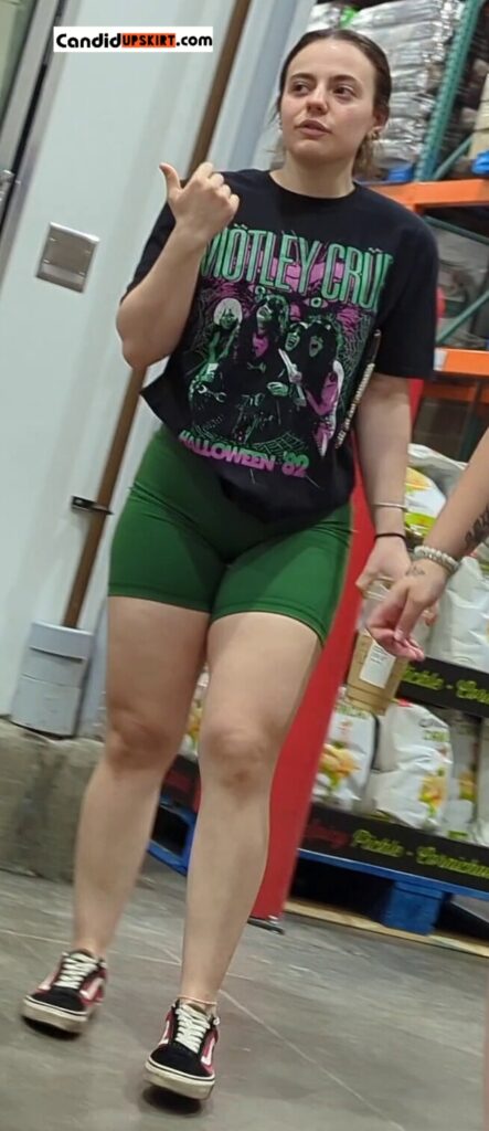 American girl in spandex shorts